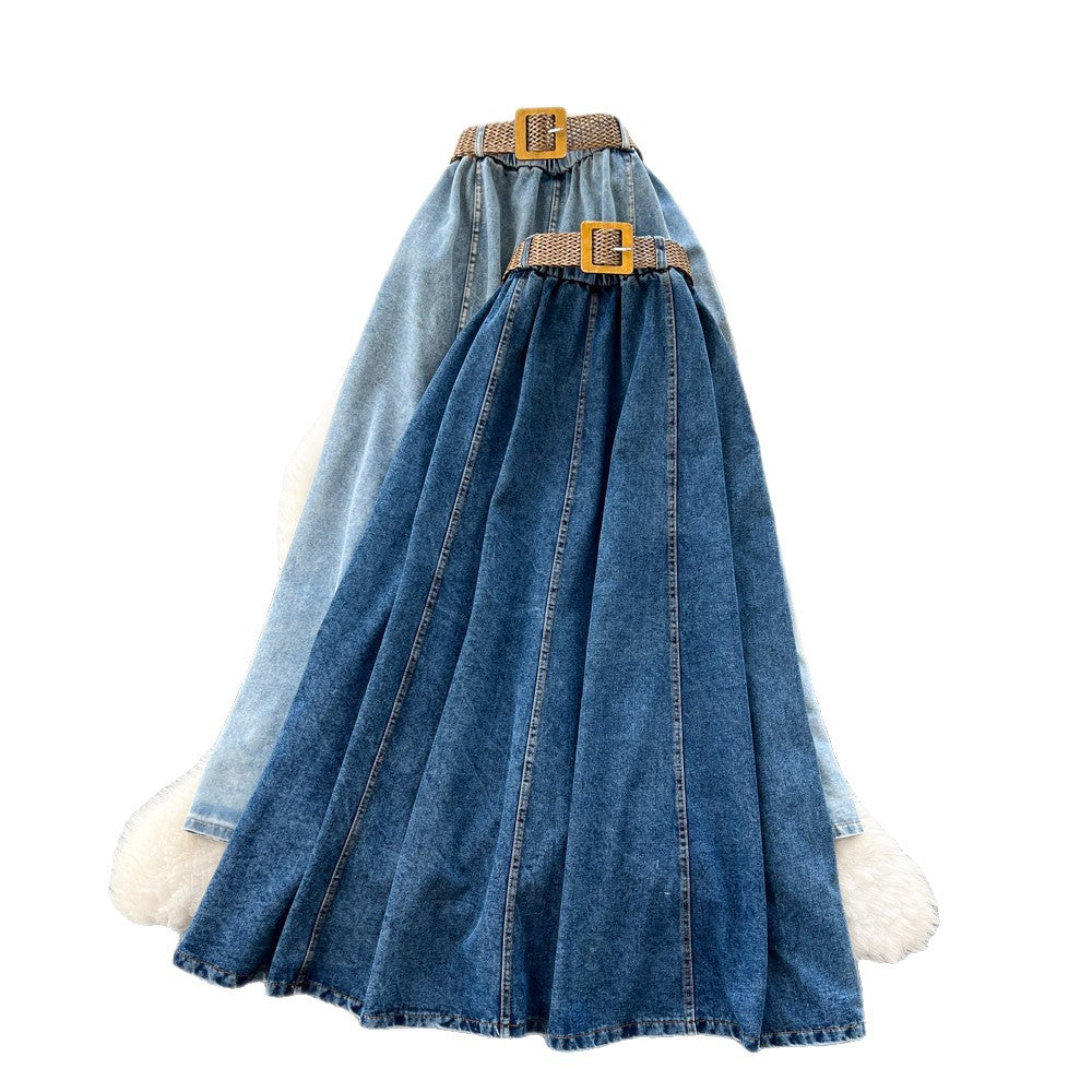 Retro style denim a-line woven belt skirt for women summerhigh waistslimming look medium longeasiest for match large skirt