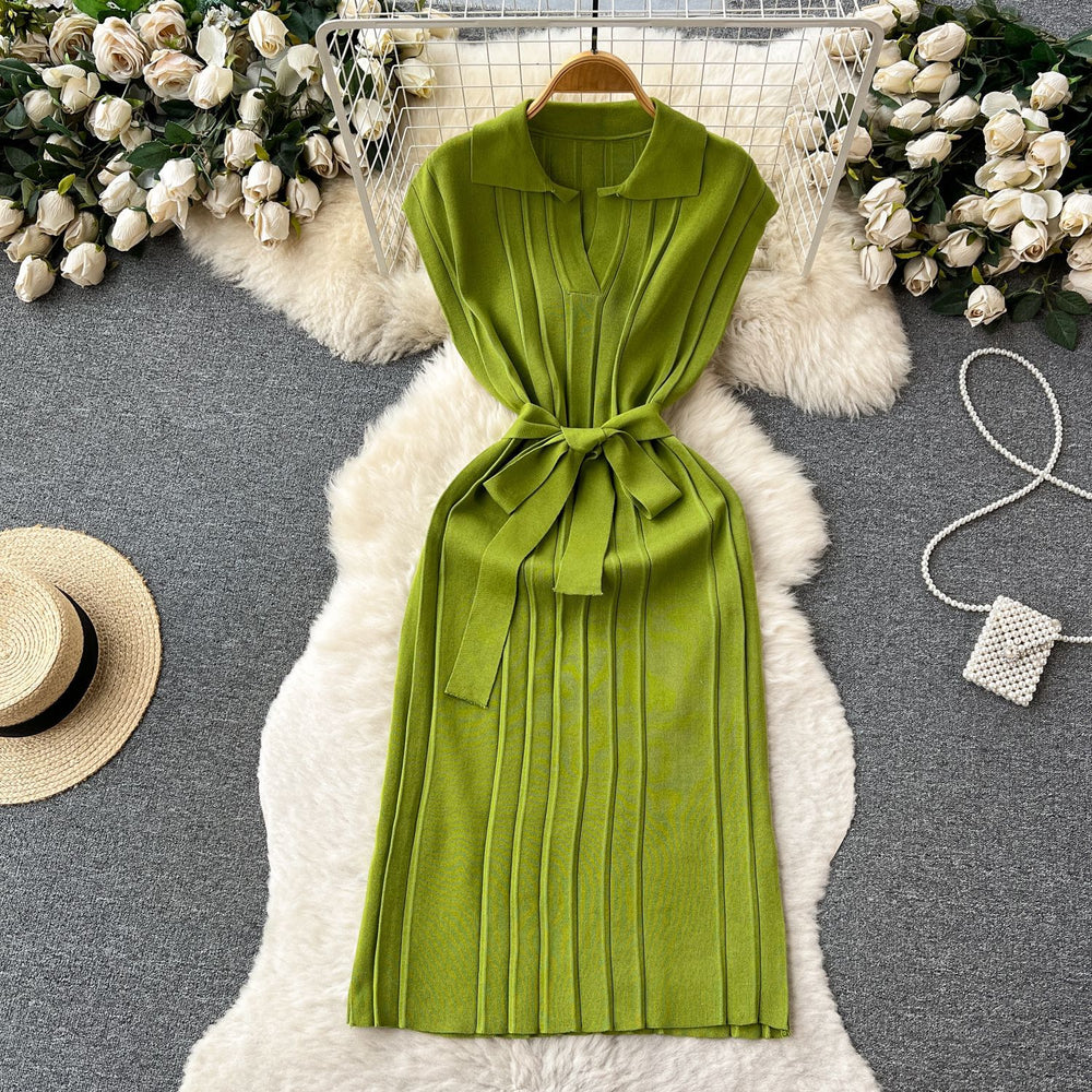 Summer dress women's tie back waist slimming lookelegantretropolo collar knitting skirt medium long sleeveless vest dress
