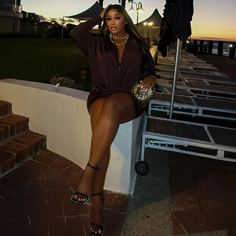European and american women's clothing  autumn new collection: sweet and fresh v-neck batwing sleeve high-waisted slimming bodycon mini dress
