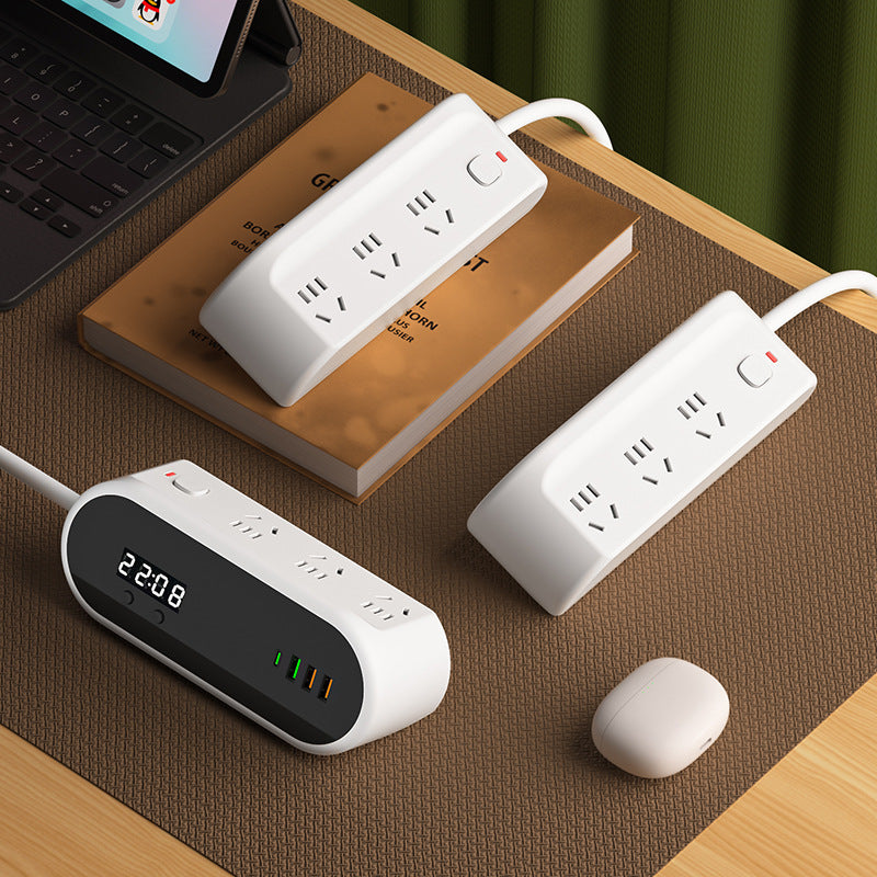 Multi-functional usb power strip with time display - ideal for home, dorm, bedside, overload protection, and office use