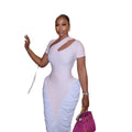 European and american cross-border chic women's clothing:  autumn new arrival - short sleeve, asymmetrical neck, cutout detail, pleated, slim-fit long dress