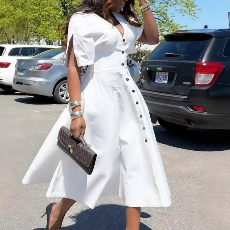 Amazon european goods  summer new arrival: minimalist chic solid color v-neck button-down midi dress