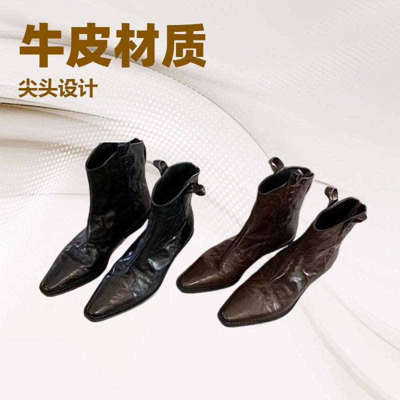 New arrivalfall and winterfashionable pointed toe v-mouth fashionretro denim slim boots thick heel wrinkled western short boots accessible luxury