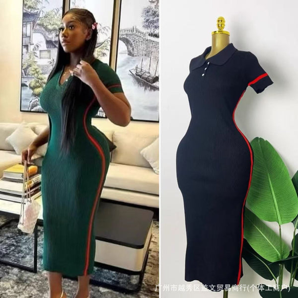 European and American women's clothing summer large size long dress round neck faish short sleeve striped color matching dress Peter Pan collar
