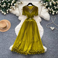 High-end heavy industry beading v neck short-sleeved dress women's summer waist-cinching pleated long skirt elegantaccessible luxury dress skirt