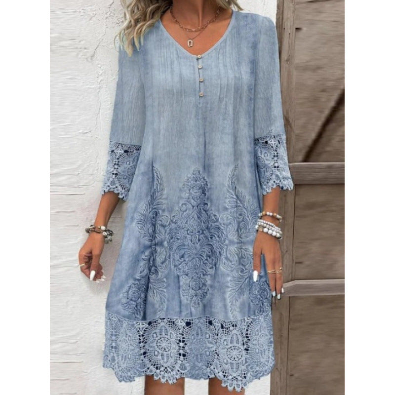 Shipped:  cross-border fashion -  spring/summer new arrivals - solid color lace trim dress (europe & america)