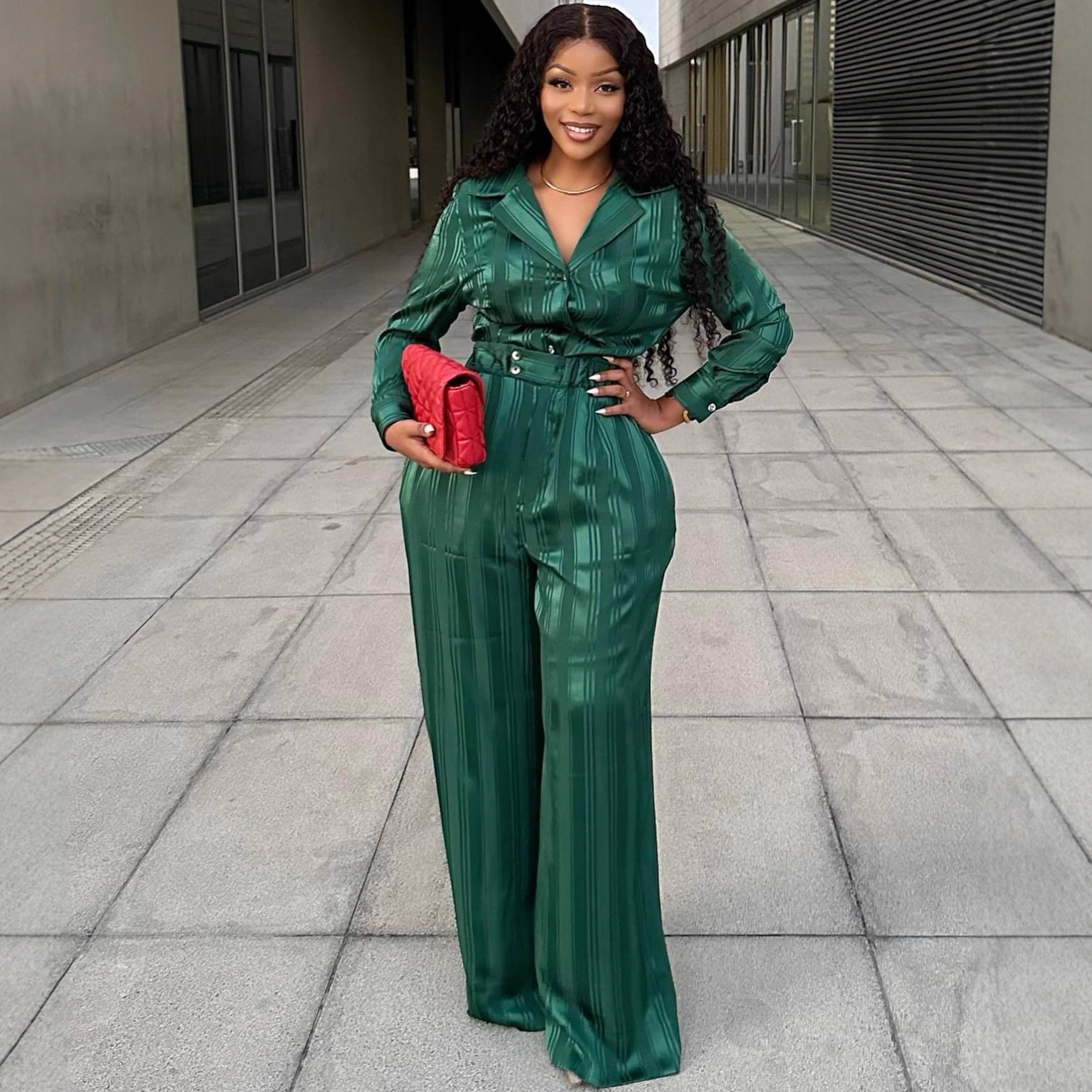 European and American large-size women's clothing long-sleeved suit collar cardigan shirt top wide-leg trousers African fashion foreign style two-piece set