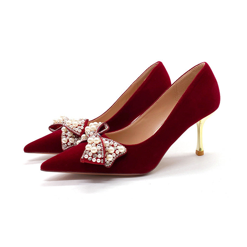 Wedding shoes for women 2024 new arrival bridal shoes burgundy xiuhe wedding dress non-tiring high heels french wedding red shoes