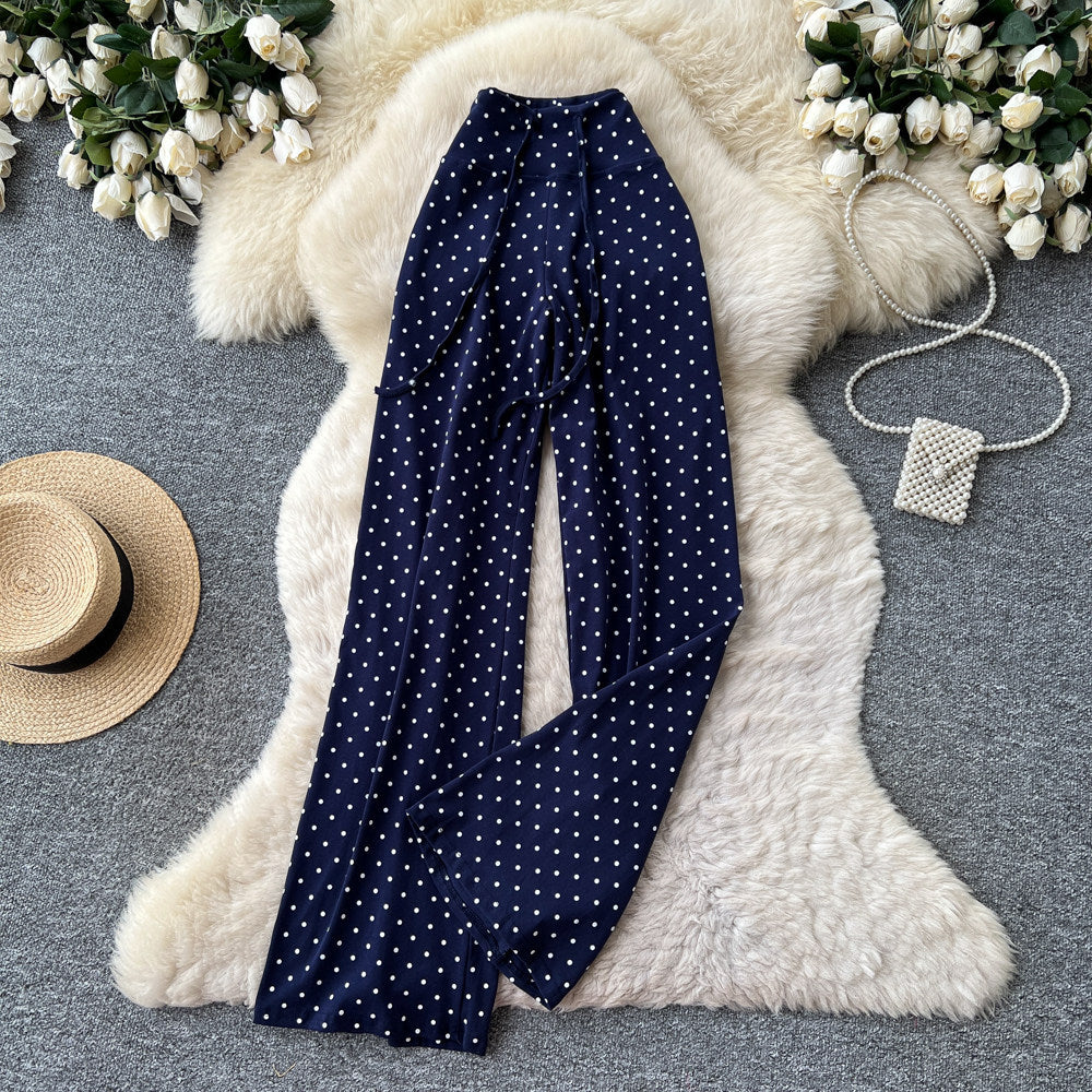 K-stylehigh waistcasualpolka doteasiest for matchstraight-leg pants for women summer lazy styleslimming lookelegantcasual pants