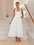 Export  fashion cross-border women's clothing  new arrivalelegantpure color square neck waist halter backless dress