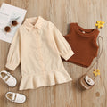 girls' autumn new arrival: collared long-sleeve ruffle princess dress shirt dress knitted vest two-piece set