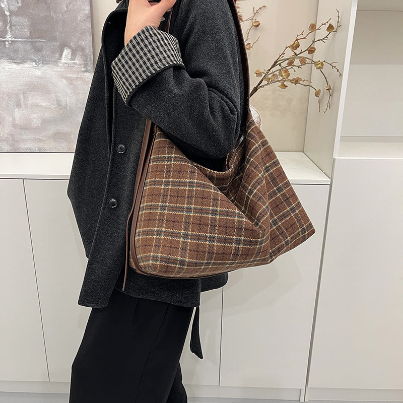 Bow lace-up shoulder bag Korean version casual large-capacity dumpling bag women's winter plaid tote bag