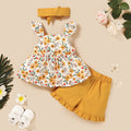 Baby girl summer outfit set: new european and american style, hot-selling sleeveless printed top + solid color lace-trimmed shorts with headband