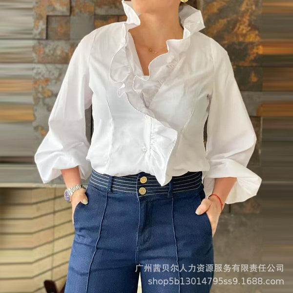 2024 new women's   ruffle edge white casual shirt ODS3601
