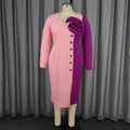 Personalized color block rose print dress - party banquet v-neck long sleeve midi evening gown