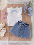 Kids clothing  cross-border new arrivalfashionspring & fallgirl white vest blue skirt two-piece set