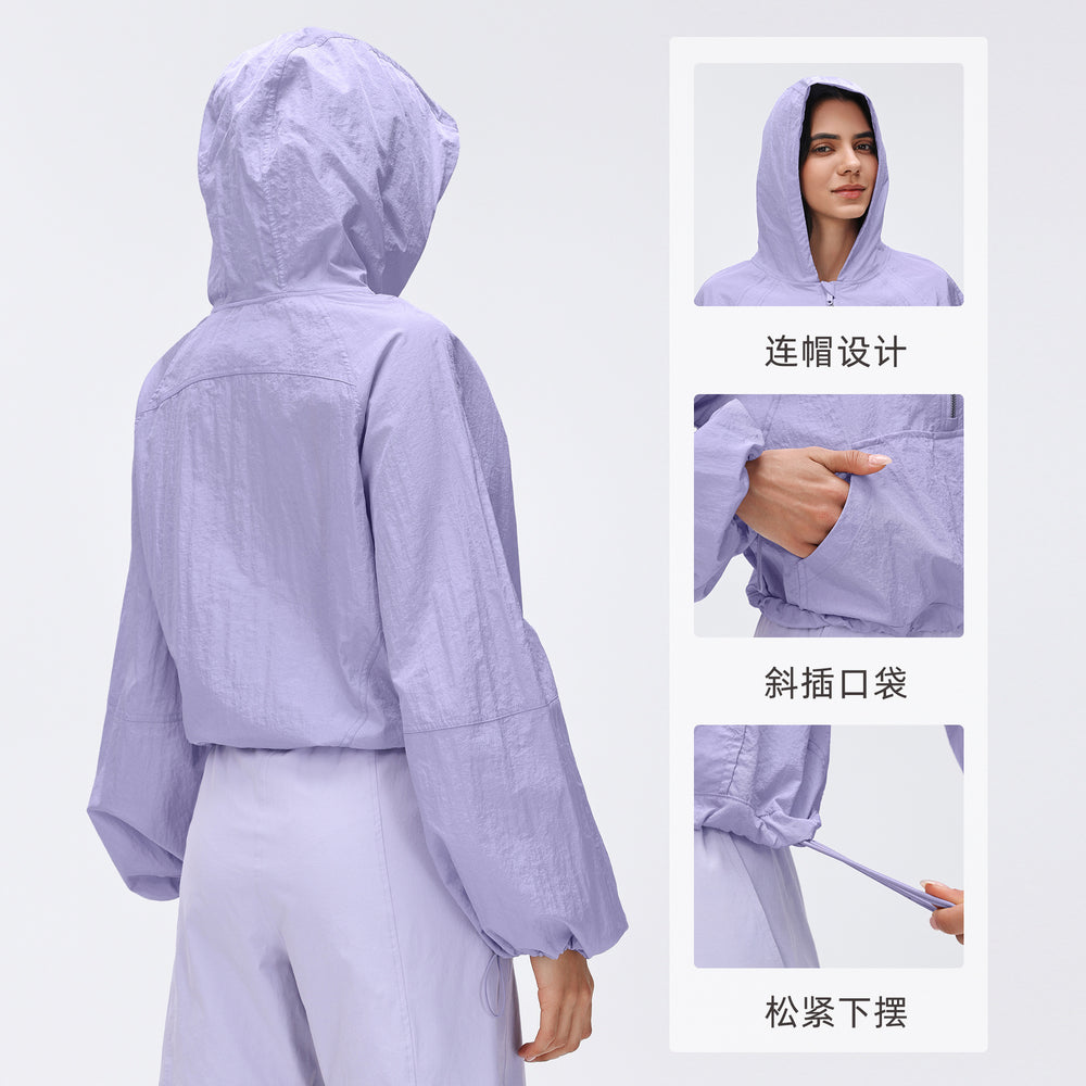 Spring half-zip hooded athletic windbreaker - women's short, loose-fit, versatile outdoor running & fitness jacket - d26004