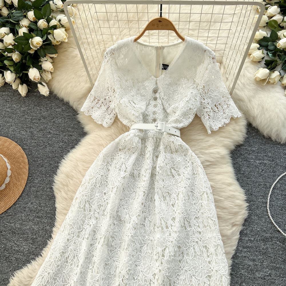 High-end hollow-out crochet lace dress for women,  summer collection: slimming, figure-flattering, peter pan collar, short sleeve, elegant maxi dress