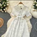 High-end hollow-out crochet lace dress for women,  summer collection: slimming, figure-flattering, peter pan collar, short sleeve, elegant maxi dress