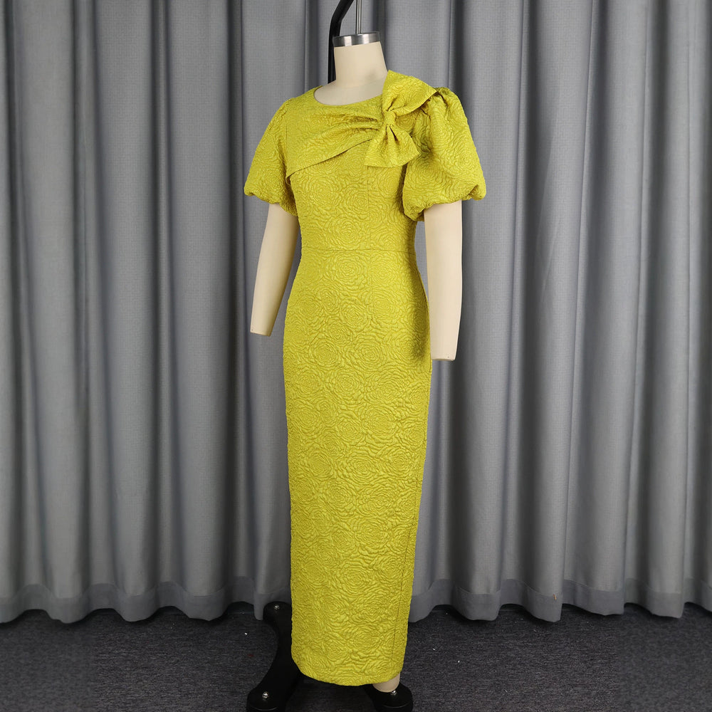 women's elegant bubble sleeve jacquard dress - bow detail, ruched waist, bodycon, evening gown