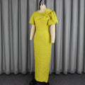 women's elegant bubble sleeve jacquard dress - bow detail, ruched waist, bodycon, evening gown