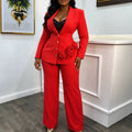 Autumnew arrivalv neck stereo flower suit outwear high waisteasiest for matchstraight-leg pantssuit two-piece set