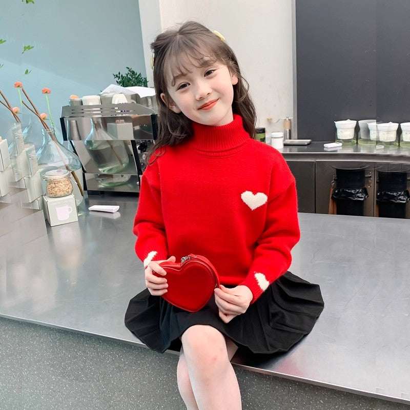 Girlsweater high collar fleece-lined winter kids heart woolentopsgirlwinterthickened bottomknitting shirt
