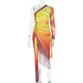 Fashion styleexport women's clothing pleated color matching slit silmasymmetrical skirt oblique collar one shoulder long sleevesfashiondress