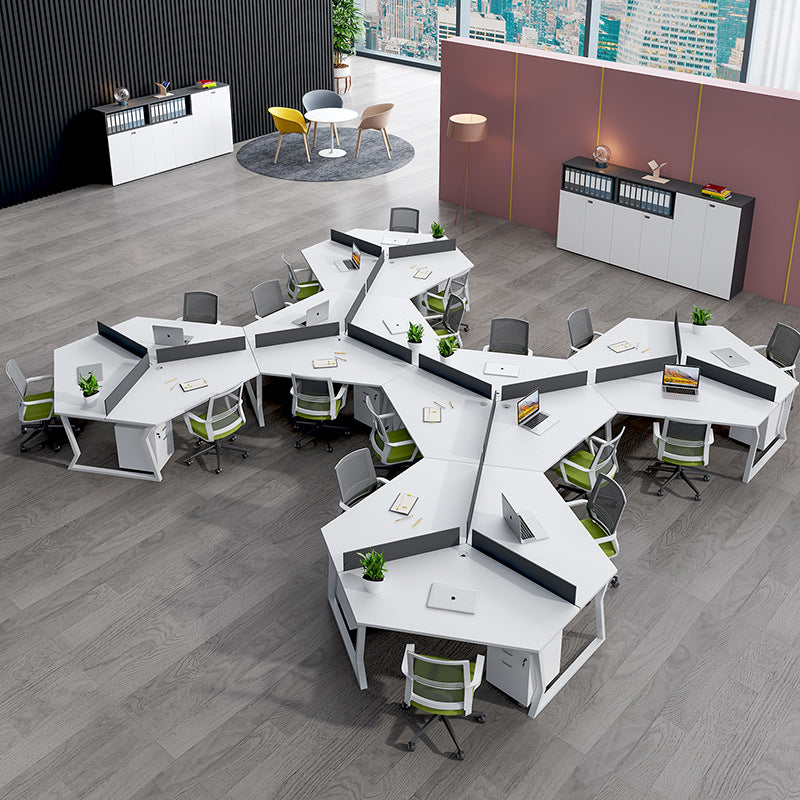 Office workstation desk set - creative 3-person irregular shaped desk and chair combination for multiple employees