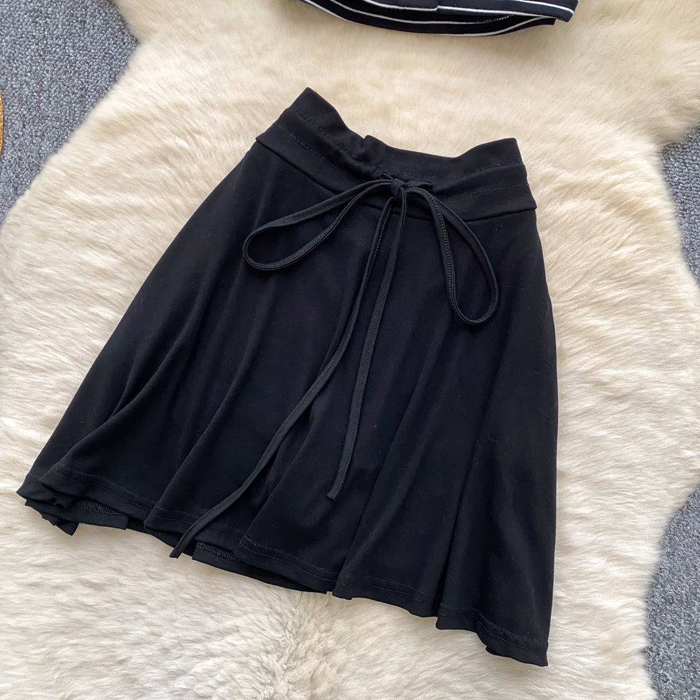 Korean style red striped bandeau top and tie-waist midi skirt set - women's summer slim fit flattering two-piece hot girl outfit
