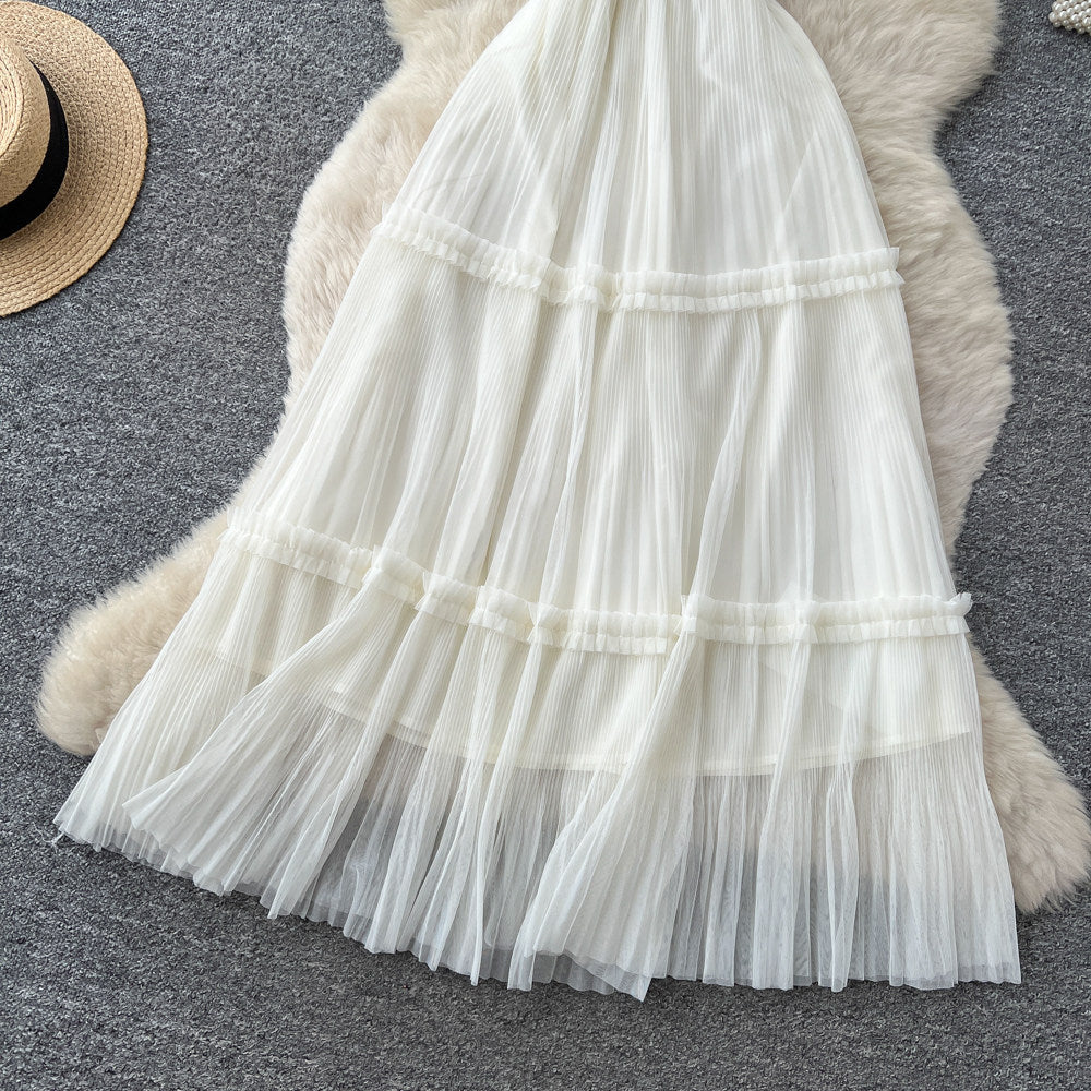 French white shirt patchwork a-line cake dress - summer slimming, waist-defining, commute-ready, elegant style