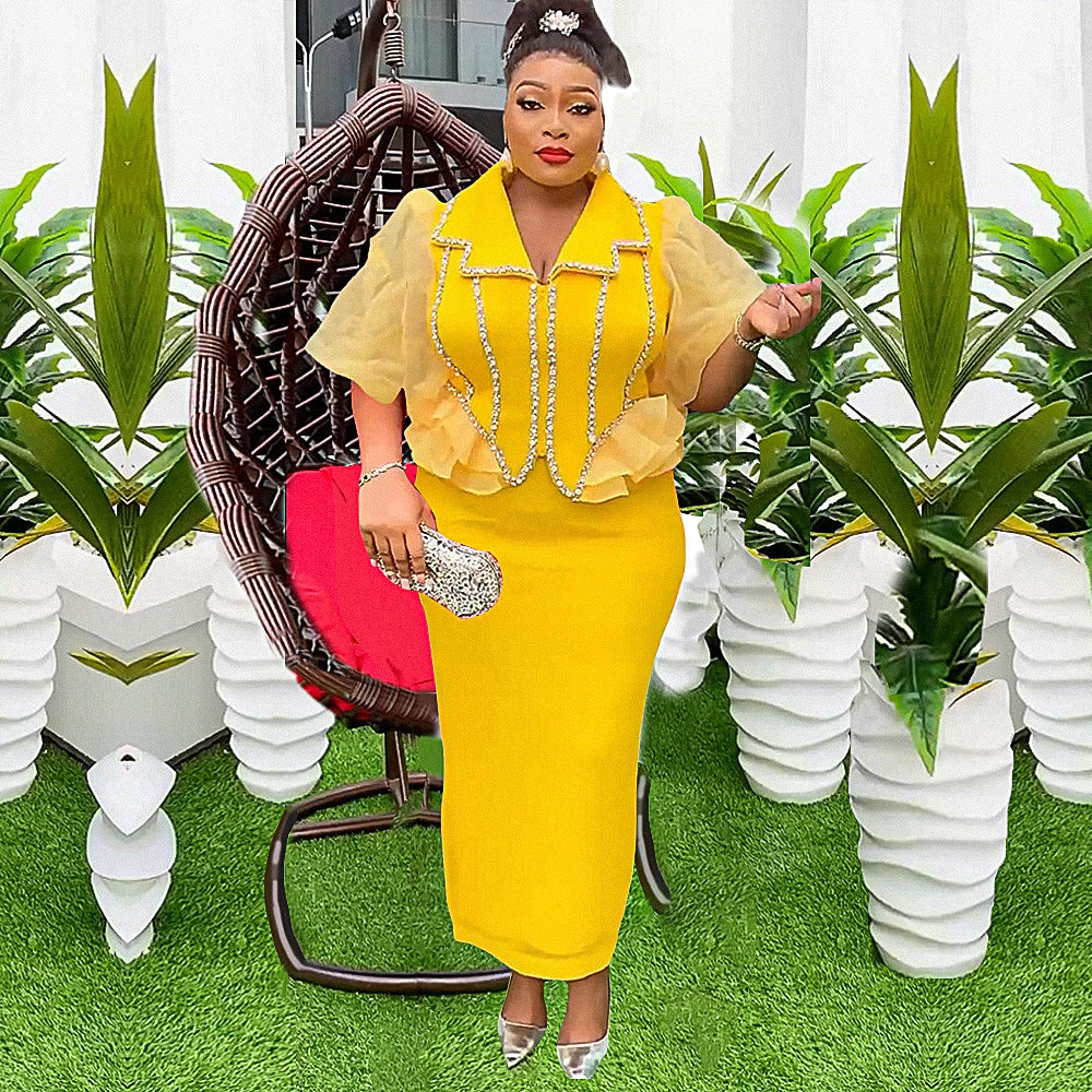 African plus size women's skirt suit cross-border export  new rhinestone patchwork two-piece dress