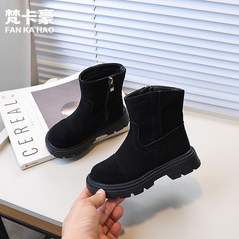 Vancahao children's double-sided fleece ankle boots,  autumn new korean style girls' british vintage martin boots