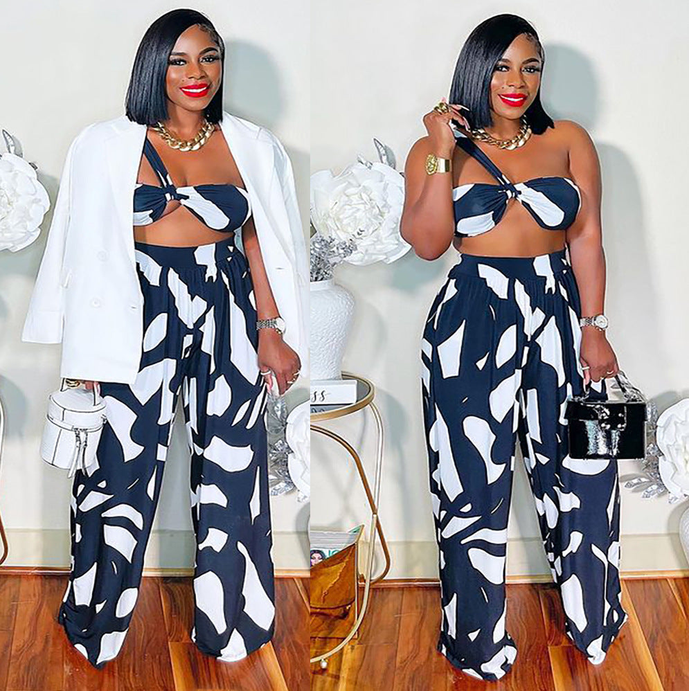 European and american cross-border women's clothing  set fashionable sexy tie-dye bandeau top and wide-leg pants two-piece set