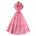 French chic elegant dress - women's  summer design: cutout detail, patchwork, turn-down collar, short sleeves, cinched waist, maxi length