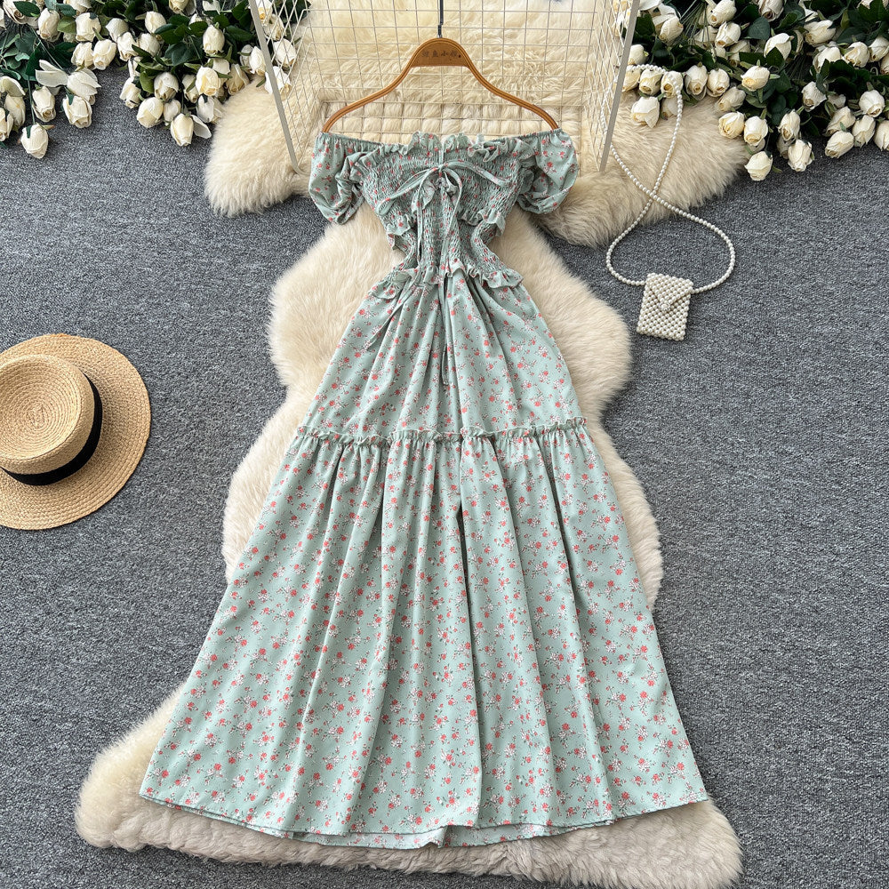 French sweet style square neck floral dress women's summer korean style ruched waist tie-up a-line elegant maxi dress - red