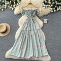 French sweet style square neck floral dress women's summer korean style ruched waist tie-up a-line elegant maxi dress - red