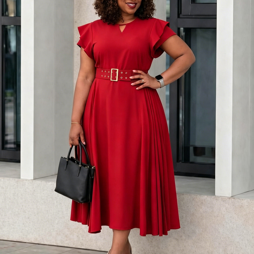 D629 european and american cross-border e-commerce summer new women's ruffle short sleeve solid color high waist midi pleated dress
