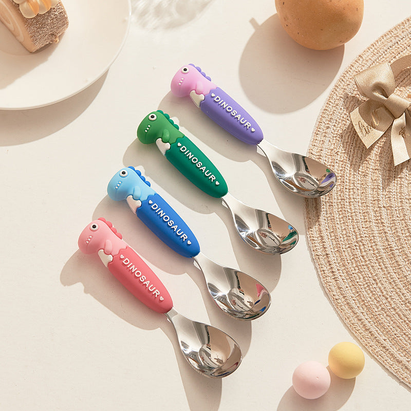 New creative cartoon dinosaur soft-handled children's coin-shaped spoon, cute style stainless steel spoon, student tableware wholesale