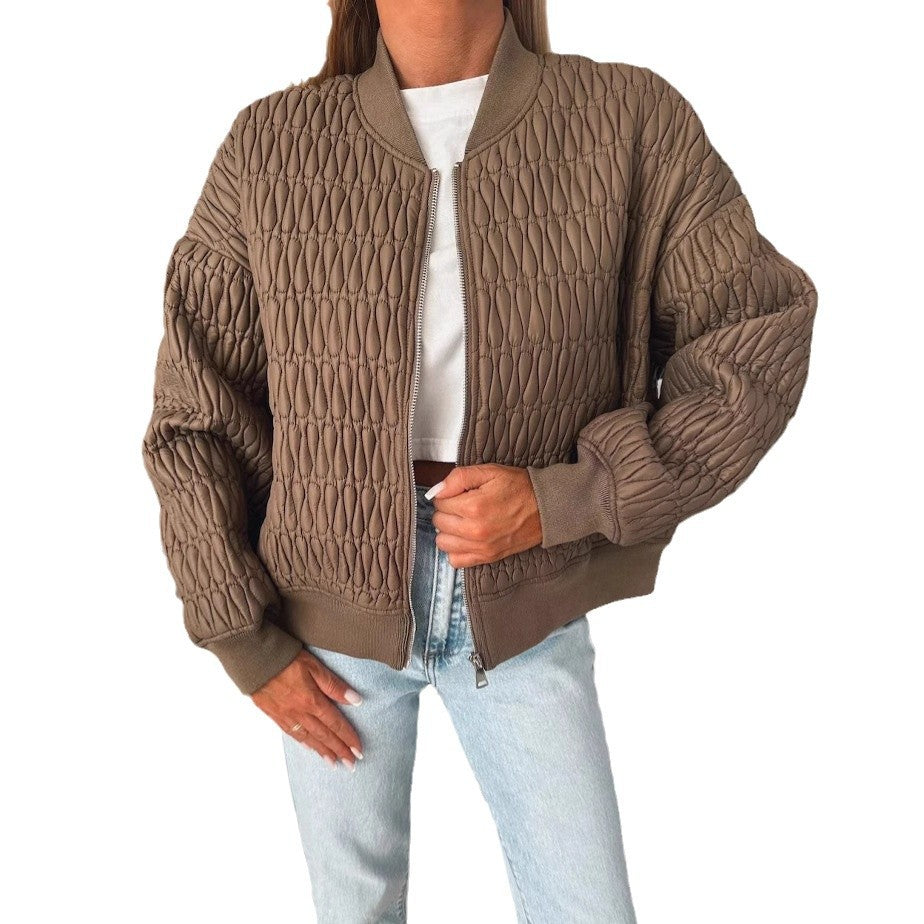 2024 autumn and winter new solid color embroidered short zipper jacket baseball jersey thickened cotton clothing women