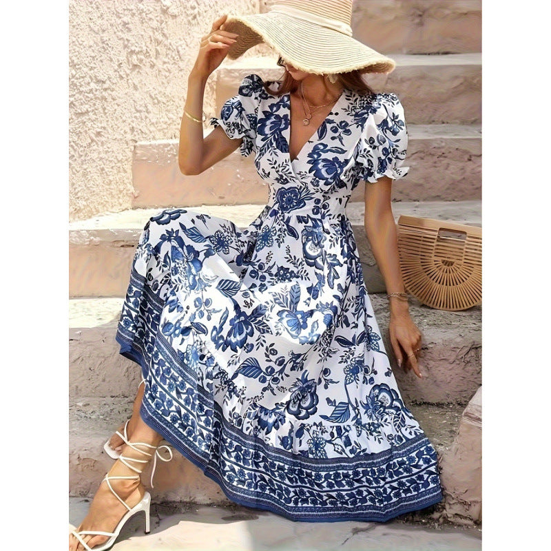 Aliexpress new women's bubble sleeve printed vacation dress