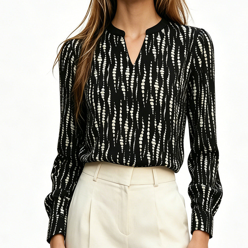 Exportfashionfrenchaccessible luxurylong sleevesshirt vertical dot texture satin small stand collar slit v neck workplace