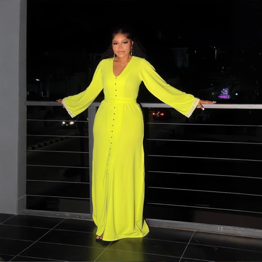 European and american cross-border women's fashion  winter new arrival: solid color long sleeve v-neck button-down waist-cinching front slit elegant dress