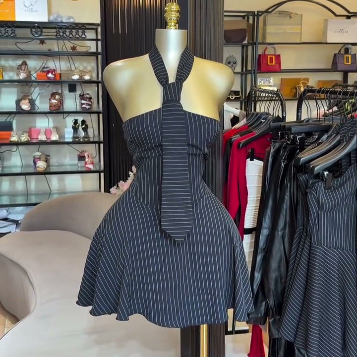 European and american cross-border women's fashion:  summer new arrival - elegant design bandeau backless bow tie striped mini dress