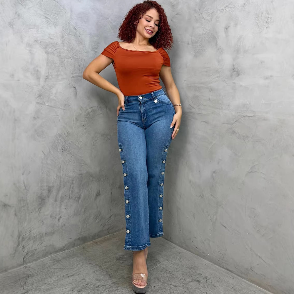 European and american style micro-flared jeans  cross-border women's clothing street fashion side-breasted washed high waist casual pants