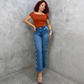 European and american style micro-flared jeans  cross-border women's clothing street fashion side-breasted washed high waist casual pants