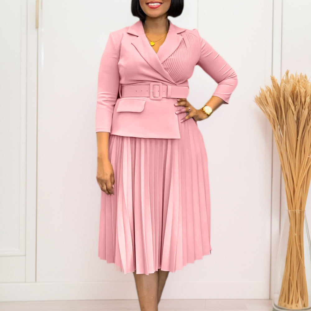 D592  independent station fashion cross-border women's clothing autumn and winter women's suit collar elegant pleated skirt african dress