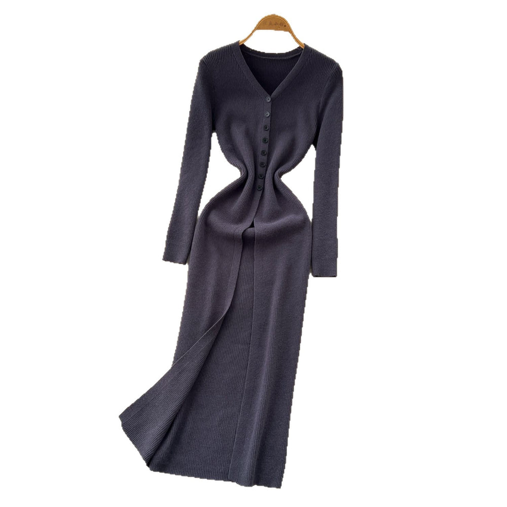 Korean style minimalist v-neck single-breasted slit knit dress - women's autumn outerwear, slim-fit, long-sleeve cover-up dress