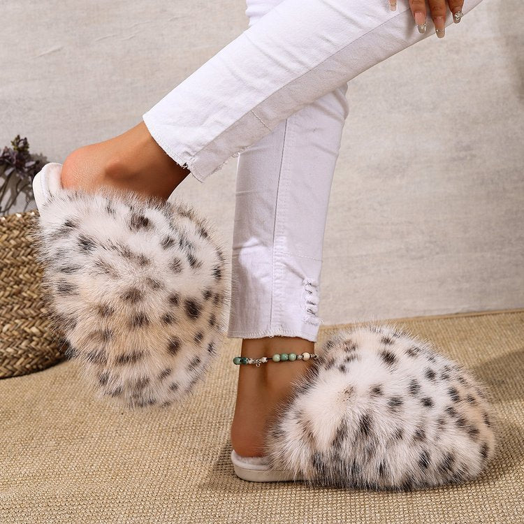 new arrival leopard print long hair toe-warm cotton slippers women's export fluffy large size fur slippers in stock
