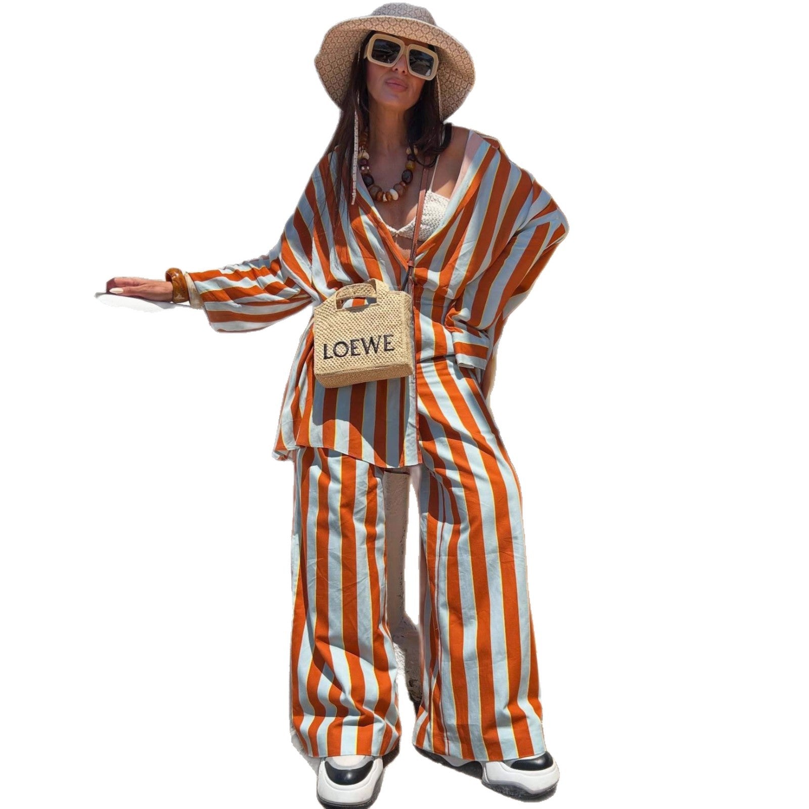 Cross-border European and American striped suit women's long-sleeved cardigan fashion casual shirt trousers  new large size two-piece set